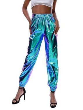 Women's Shiny High Waist Stretchy Jogger Pants Hip Hop Club Wear Holographic